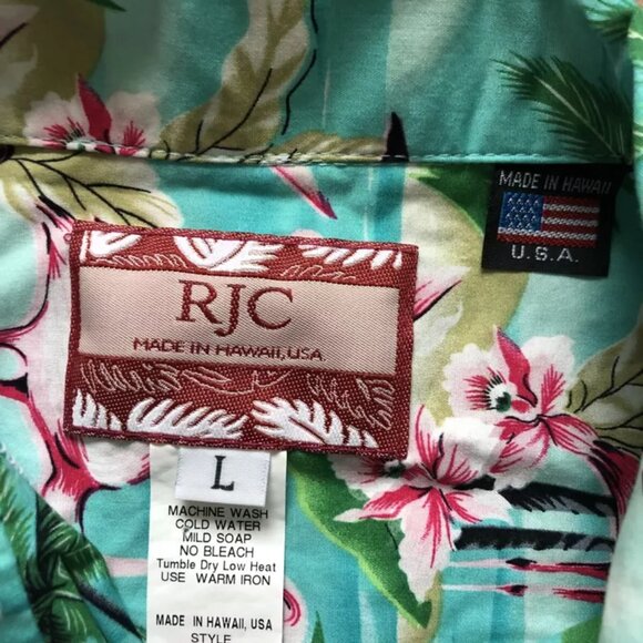 Vintage RJC Hawaiian Shirt Men Size Large L Made in USA Hawaii Flamingo Teal - Picture 4 of 5